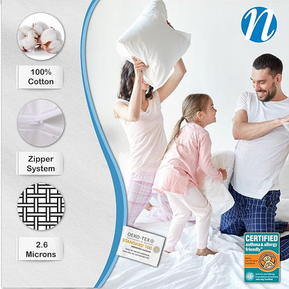 National Allergy Premium 100% Cotton Zippered Pillow Protector - Queen Size - White - 300 Thread Count - Hypoallergenic Bed Pillowcase with Zipper - Breathable Encasement Cover