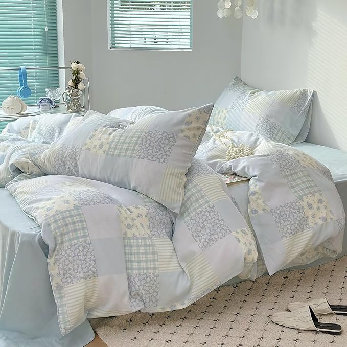 BuLuTu Luxury Muslin Cotton Duvet Cover Set Queen Size, Light Blue Striped Floral Duvet Covers Breathable Comfy Bedding Comforter Cover for Summer, Zipper Closure, Machine Wash