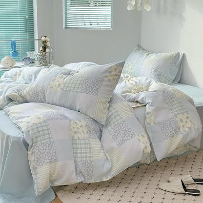BuLuTu Luxury Muslin Cotton Duvet Cover Set Queen Size, Light Blue Striped Floral Duvet Covers Breathable Comfy Bedding Comforter Cover for Summer, Zipper Closure, Machine Wash