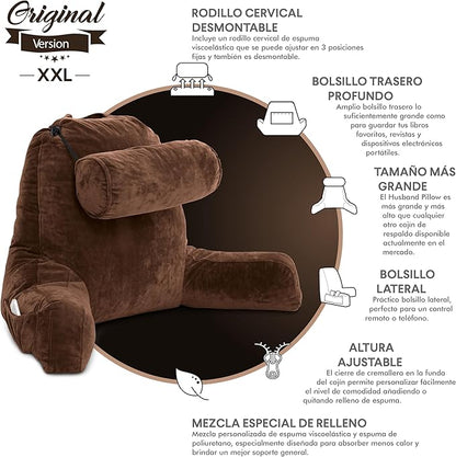 Husband Pillow XXL - Reading Pillow Bed Chair with Arms & Back Support - Chocolate - Back Pillow for Bed Sitting Up - Bed Rest Arm Pillow - Comfy Reading Pillow for Adults