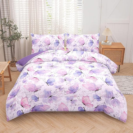 MWMWMW Butterfly Girls Comforter Set Twin, Pink Purple Butterflies Printed Pattern Bedding Set, 5 Pcs Cute Butterfly Bedding Set for Girls Teens Kids Bedroom with Comforter, Sheet Set, Pillowcase