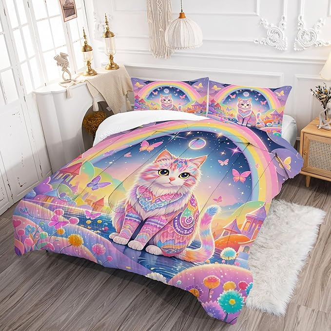 Rainbow Cat Comforter Set: Twin Size Cute Colorful Cat Bedding for Kids Teen Girls Room Decor Kawaii Purple Pink Ethnic Kitten Quilt Floral Feline Castle Bed Sets 2 Piece