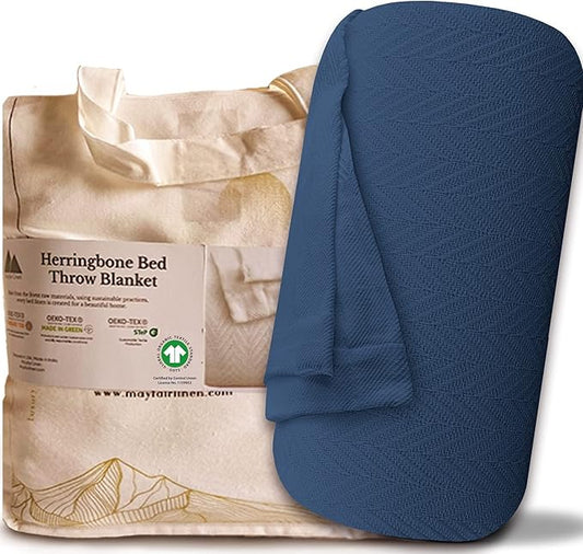 Mayfair Linen 100% Pure Cotton, Luxury King/Cal King Size Medium Blue Blanket - Herringbone Pattern, Soft &Cozy Premium Fall Throw Blanket for All Seasons, 350GSM &106x92 with Free Tote Bag