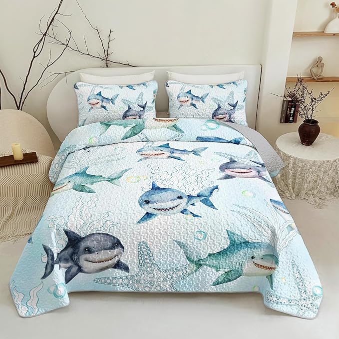 Ocean Blue Shark Quilts Bedding Set Full Size for Boys Girls Adult 3Pcs Shark Starfish Quilt Bed Set All Season Seaweed Bedspreads Coverlet with 1 Quilt and 2 Pillowcases for Room Decor