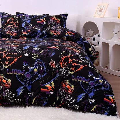 JSD Black Gamer Kids Duvet Cover Set Queen Size, 3 Piece Teens Printed Microfiber Comforter Cover with Pillow Sham Zipper Closure, Comforter Not Included