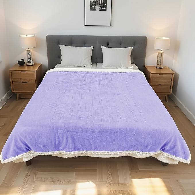 Electric Heated Blanket Throw Size 50"x60" - Dual-Sided with Microplush & Sherpa Fabric, 4 Heat Settings & 3 Hours Auto Off, Machine Washable - Light Purple