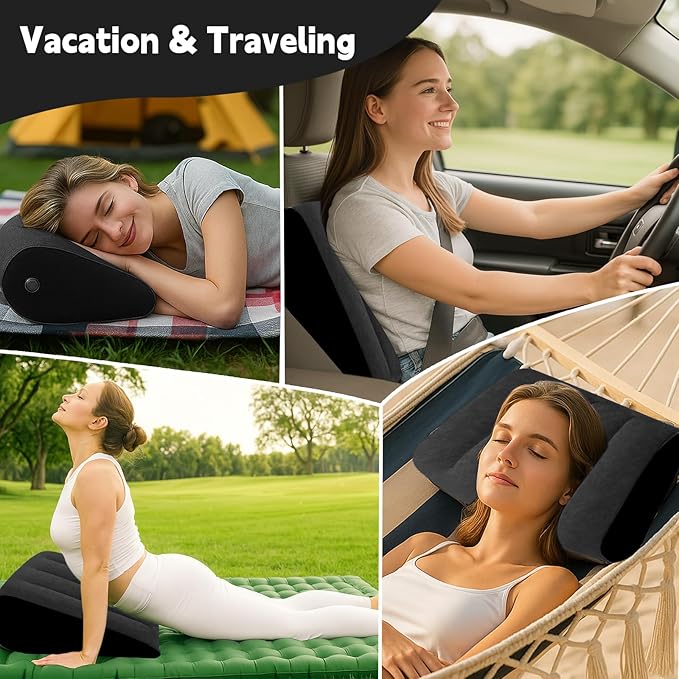 Portable Wedge Pillow Inflatable Cushion - Body Positioners Lightweight Wedge Pillow for Sleeping, Leg Elevation, Use in Bed, Travel, Camping, Fast Inflating Deflation (Black)