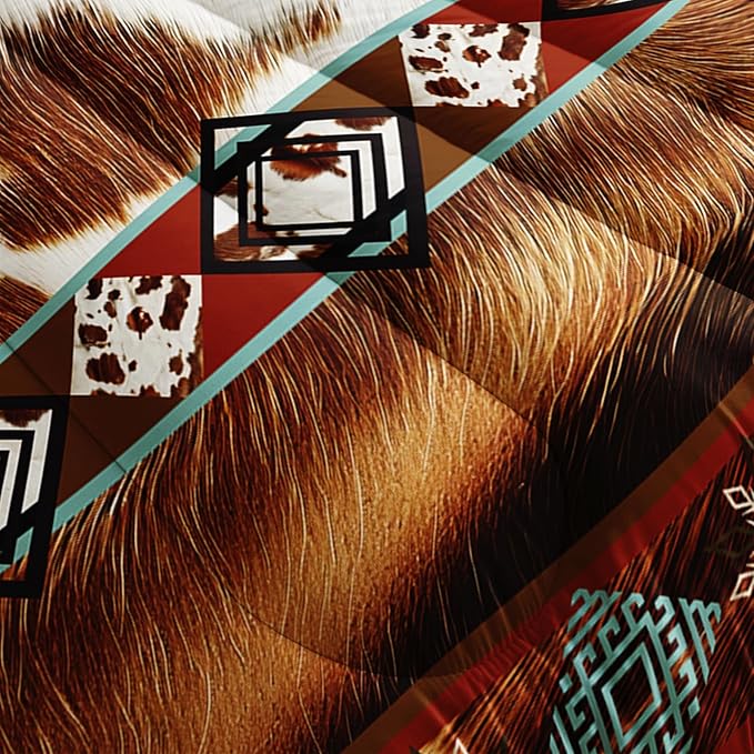 Boho Animal Fur Comforter Set 3 Pieces Twin Size, Mixed Coffee Brwon and White Long Hair for Boys Girls, 3 Pieces Warm Fuzzy Cozy Decorative Room with 2 Pillowcases All Seasons.