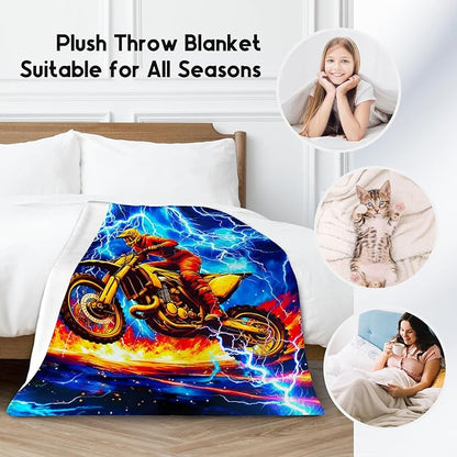 Blanket for Boys, Dirt Bike Blanket for Kids Age 6-8, Motorcycle Throw Gifts with Lightning, Plush Throw for Adults, 60"x80"