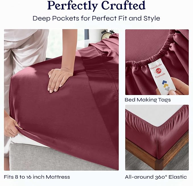 California Design Den Natural 100% Cotton Sheets, Soft Queen Sheet Set, 400 Thread Count Sateen, Deep Pockets with All-Around Elastic for a Snug Fit, Durable Bedding Set - Burgundy Red