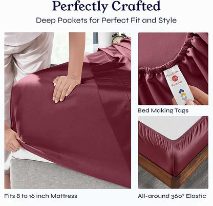 California Design Den Full Size Bed Sheets Set - Soft 400 Thread Count Sateen, Natural 100% Cotton Sheets with Deep Pockets, Breathable, and Durable Bedding Set - Burgundy Red