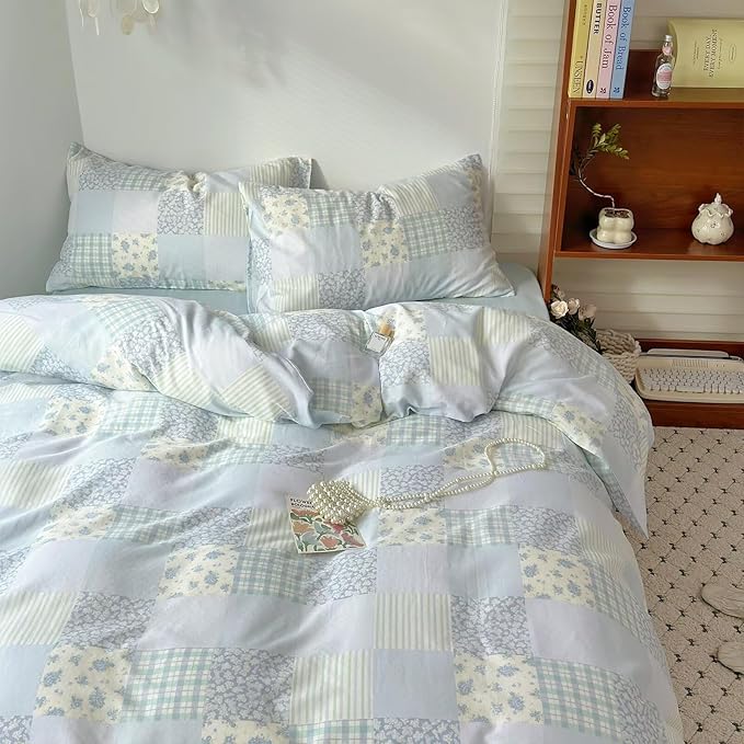 BuLuTu Luxury Muslin Cotton Duvet Cover Set Full Size, Light Blue Striped Floral Duvet Covers Breathable Comfy Bedding Comforter Cover for Summer, Zipper Closure, Machine Wash