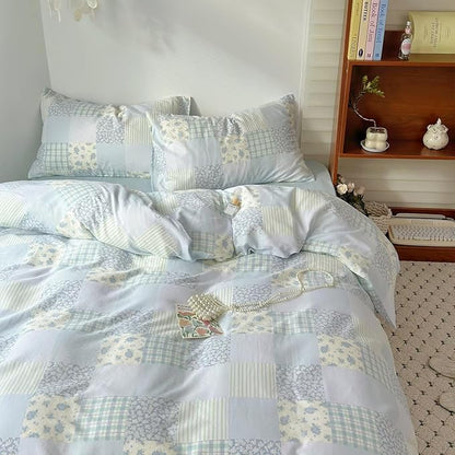 BuLuTu Luxury Muslin Cotton Duvet Cover Set Twin Size, Light Blue Striped Floral Duvet Covers Breathable Comfy Bedding Comforter Cover for Summer, Zipper Closure, Machine Wash