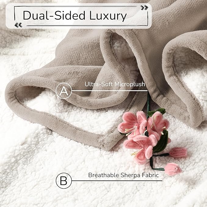 Electric Heated Blanket King Size 90"x100" - Dual-Sided with Microplush & Sherpa Fabric, 4 Heat Settings & 10 Hours Auto Off, Machine Washable - Light Brown