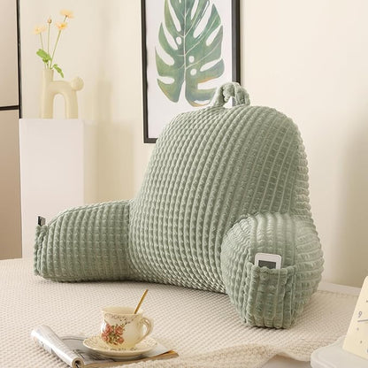 Reading Pillow for Sitting in Bed, Large Backrest Reading Pillow with Arm Rest,Back-Rest Support Cushion for Sit Up on Couch, Sofa, and Floor, Dorm Essentials (Green Flannel, Standard(17inch))