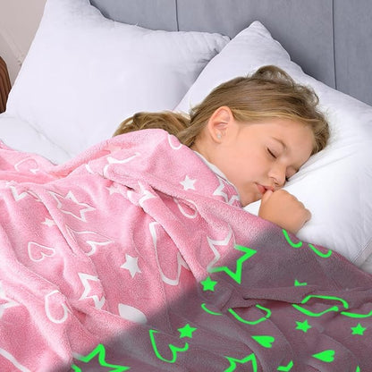 Glow in The Dark Blanket for Mothers Day - Soft Warm Furry Throw Gift for Mom, Cozy Heart Blanket Indoor Outdoor Camping Bedding, Pink Heart 50x60 Inches