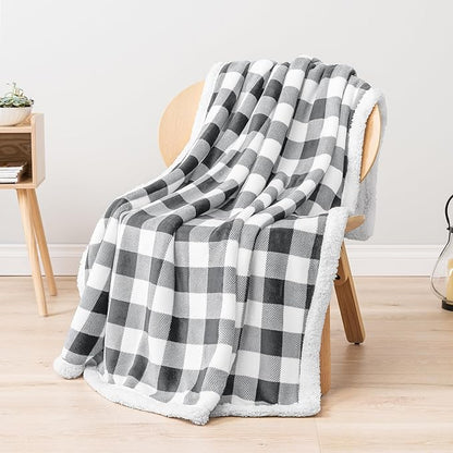 PAVILIA Light Grey Buffalo Plaid Sherpa Throw Blanket for Couch Twin, Soft Fuzzy Flannel Blanket for Bed, Plush Checkered Fleece Blanket and Throws, Warm Thick Winter Blanket Gift, 60x80