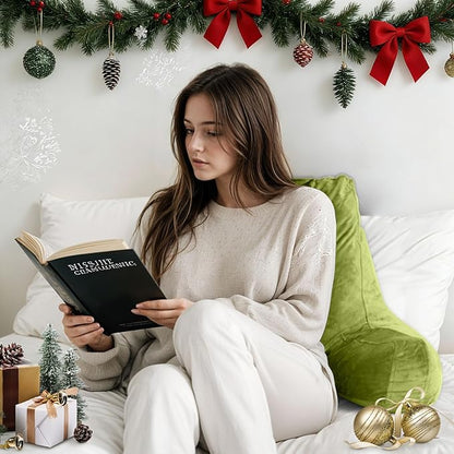 Reading Pillow for Sitting in Bed Adult, X-Large Reading Pillow with Shredded Memory Foam, Back Pillow for Sitting Up with Extend Arms, Pockets, Bed Pillow with Washable Cover, FluorescentGreen