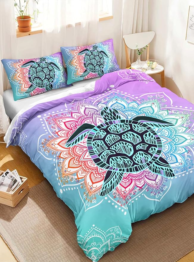 HOSIMA Sea Turtle Bedding,Coastal Beach Themed Bedding Queen Size for Kids Teen Girls Boys Room Decor, Mandala Turtle Comforter Cover with 2 Pillowcases.