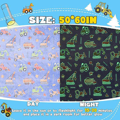 Glow in The Dark Blanket for Boys,Construction Truck Throw Blanket for Kids Truck Toys Gift for Boys Warm Kids Excavator Car Theme Decor Blanket for Couch Sofa Bedroom,50x60 Inches