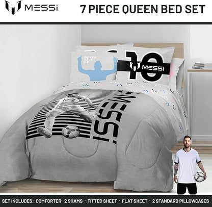 Jay Franco Kids Comforter Set Includes Sheets and Pillow Cover - Soft and Cozy Bed Set for Stylish Room Décor, Grey - Lionel Messi, 7 Piece Queen