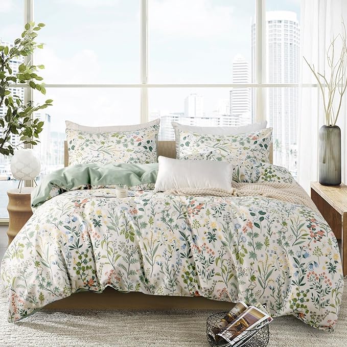 Queen Duvet Cover Set Floral 100% Soft Cotton 3 Pieces Flower Bedding Set for Girls Fresh Chic Garden Style Green Botanical Floral Pattern Printed Flower Queen Duvet Cover, with Zipper Closure