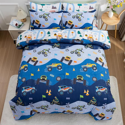 Holawakaka Trucks Tractors Cars Boys 5-Piece Bedding Comforter Sheet Set,Twin Size Cartoon Construction Car Excavator Print Kids Bed in A Bag, Excavator Mixer Truck Printed Bed Sets(Light Blue Twin)