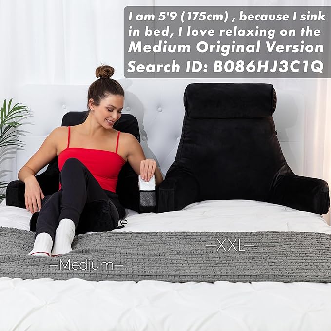 Husband Pillow XXL - Reading Pillow Bed Chair with Arms & Back Support - Black - Back Pillow for Bed Sitting Up - Bed Rest Arm Pillow - Comfy Reading Pillow for Adults