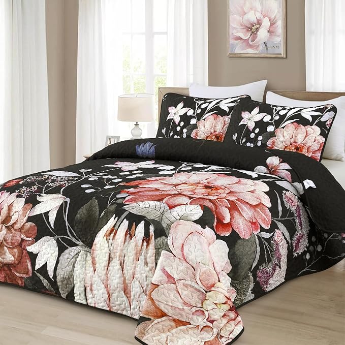 Drucon Floral Quilt Queen Size - 3 Pieces Black Quilt Botanical Bedspread Soft Lightweight Flower Bedding Set for All Season (96"x90")
