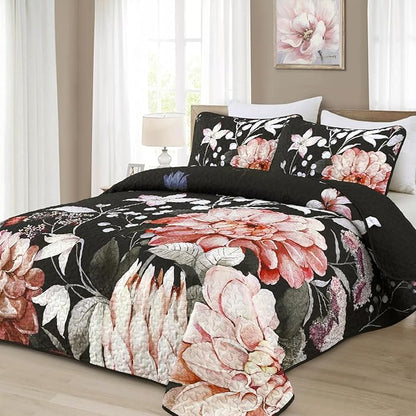 Drucon Floral Quilt Queen Size - 3 Pieces Black Quilt Botanical Bedspread Soft Lightweight Flower Bedding Set for All Season (96"x90")