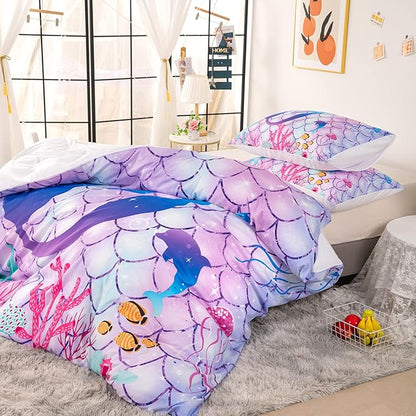 CVHOUSE Mermaid Duvet Cover Twin Size,Ocean Rainbow Bedding Set for Girls Kids Teens,Beach Comforter Cover,1 2 Pillowcases 3 Piece Twin 71'x87'