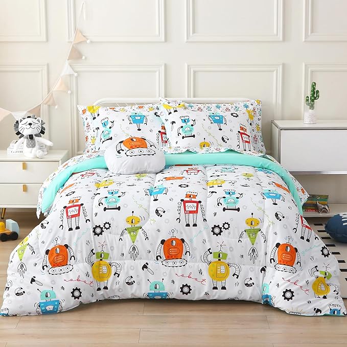 Mooreeke Full Size Comforter Sets for Boys Kids, 8 Pieces Bed in a Bag White Robot Bedding Comforter Sheet Set with Shams and Decorative Toy Pillow, Ultral Soft Microfiber Kids Bed Set