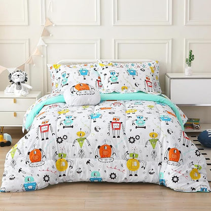 Mooreeke Full Size Comforter Sets for Boys Kids, 8 Pieces Bed in a Bag White Robot Bedding Comforter Sheet Set with Shams and Decorative Toy Pillow, Ultral Soft Microfiber Kids Bed Set