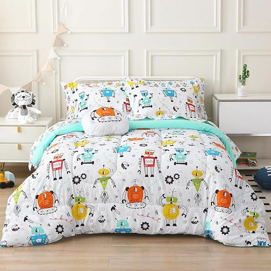 Mooreeke Full Size Comforter Sets for Boys Kids, 8 Pieces Bed in a Bag White Robot Bedding Comforter Sheet Set with Shams and Decorative Toy Pillow, Ultral Soft Microfiber Kids Bed Set
