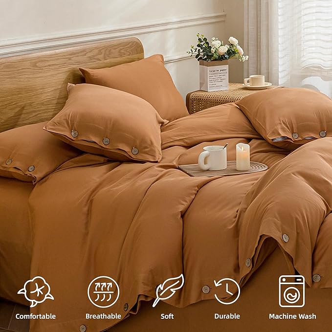 JELLYMONI Cotton Duvet Cover Twin Size - Burnt Orange Comforter Cover with Button 100% Washed Cotton 2PCS Breathable Soft Solid Bedding Set Duvet Cover 68×90in & 1 Pillowcase (NO Comforter)