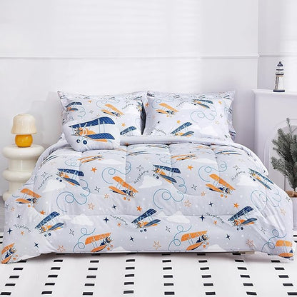 Mooreeke Twin Size Comforter Sets for Boys Kids, 6 Pieces Bed in a Bag Grey Glider Bedding Comforter Sheet Set with Shams and Decorative Toy Pillow, Ultral Soft Microfiber Kids Bed Set