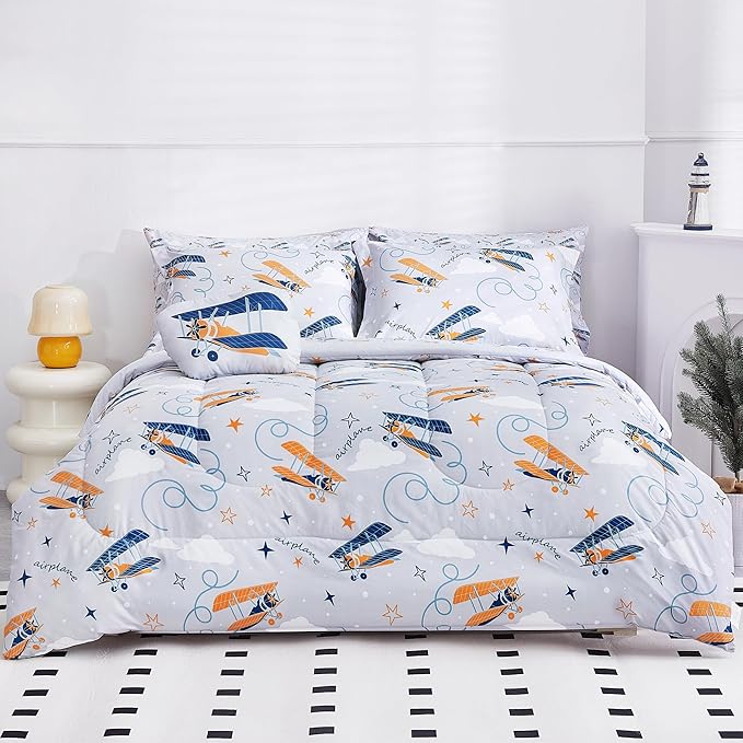 Mooreeke Full Size Comforter Sets for Boys Kids, 8 Pieces Bed in a Bag Grey Glider Bedding Comforter Sheet Set with Shams and Decorative Toy Pillow, Ultral Soft Microfiber Kids Bed Set