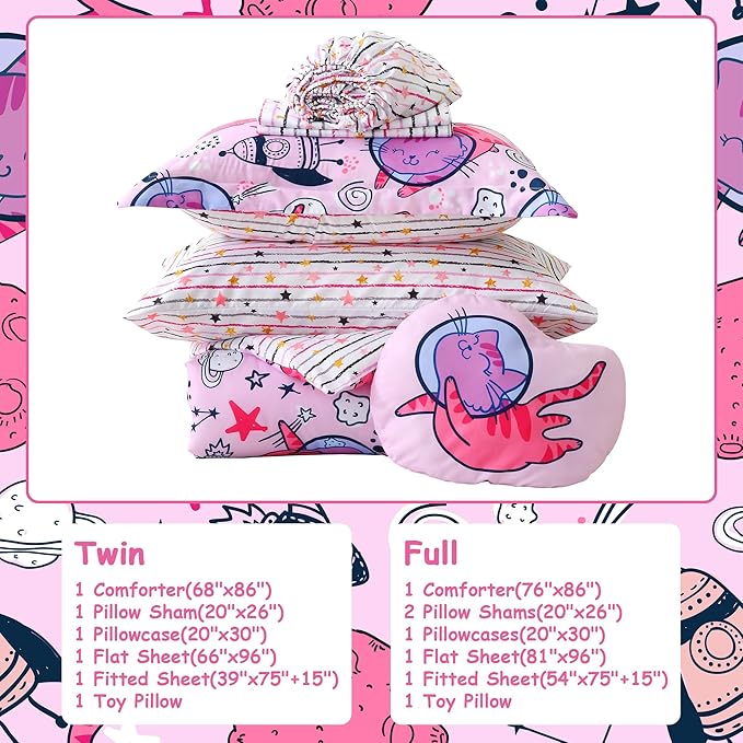Mooreeke Kids Full Comforter Sets for Girls 8 Pieces Cute Space Cat Bedding Set for Teens Microfiber Pink Kids Bed in A Bag with Comforter, Sheet Set, Shams and Decorative Toy Pillow All Season