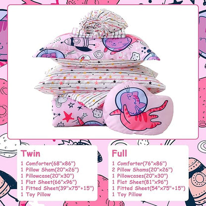 Mooreeke Kids Full Comforter Sets for Girls 8 Pieces Cute Space Cat Bedding Set for Teens Microfiber Pink Kids Bed in A Bag with Comforter, Sheet Set, Shams and Decorative Toy Pillow All Season