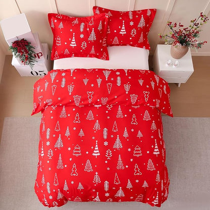 JSD Red Christmas Tree Kids Duvet Cover Set Queen Size, 3 Piece Xmas Comforter Cover with Pillow Sham Zipper Closure, Comforter Not Included