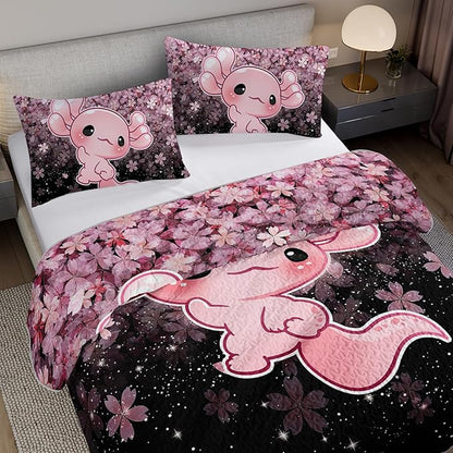 QOOMO Axolotl Quilt Set Twin Size,Sakura Salamander Bedspread Coverlet Set,Cherry Blossom 3Pcs Bedding Set Printed Quilt with 2 Pillowcases,Soft and Lightweight,for All Seasons