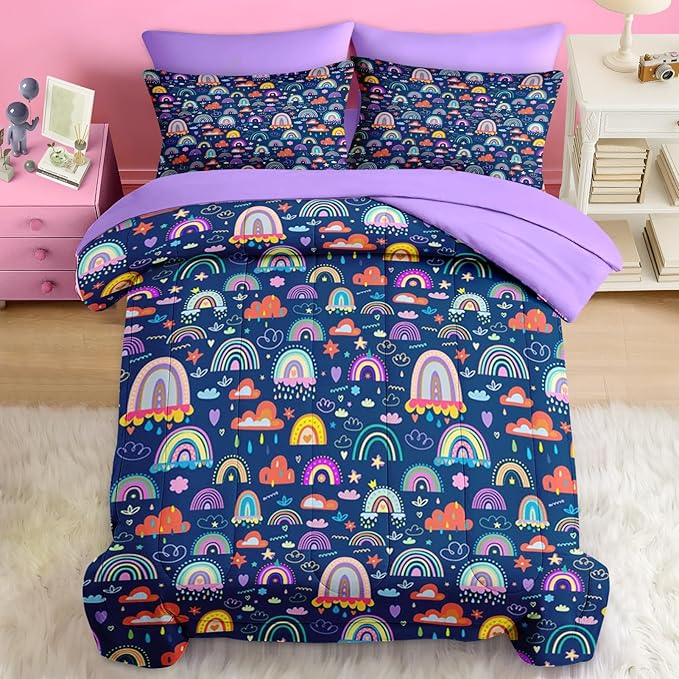 Comforter Set Full Size, Cute Boho Rainbow 7 Pcs Bedding for Kids and Adults, Colorful Nursery Cloud Bed Sheet Sets with Fitted Sheet 2 Pillowcases & 2 Shams for Bedroom Bed Decor