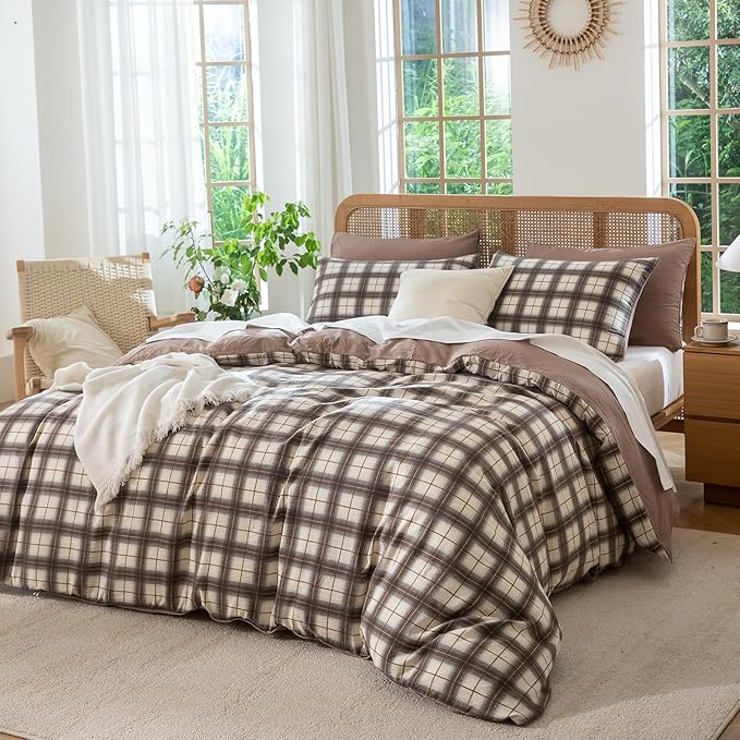 Duvet Cover Queen Plaid Luxury Soft Brushed Microfiber Crinkle Gauze Fabric 3 Pieces Bedding Set Gingham Pattern Queen Duvet Cover with Zipper Closure Breathable Comfy