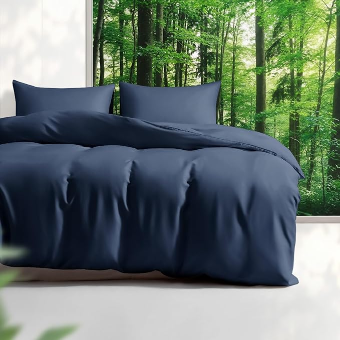 Tencel Duvet Cover Set, King/Cal King Size Cooling Duvet Cover for Hot Sleepers, 100% Eucalyptus Lyocell, 3 Pieces, 1 Zipper Closure Duvet Cover (106" x 90") and 2 Pillowcases (20" x 40") - Navy