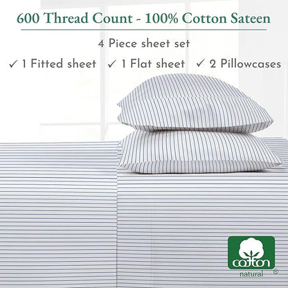 California Design Den Printed Striped Sheets Queen Size Bed Set - 600 Thread Count, 100% Cotton Sateen, Premium Deep Pocket Queen Bed Sheets - Classic Blue Stripe Print
