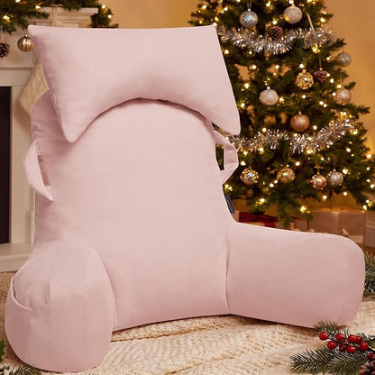 Portable Reading Pillows with Headrest for Bed Sitting Up(Pink Oeko-Tex), Velvet Back Pillow with Arms & Pockets for Adults, Support Memory Foam Bed Pillow for Dorm/Reading/Watching/Gaming