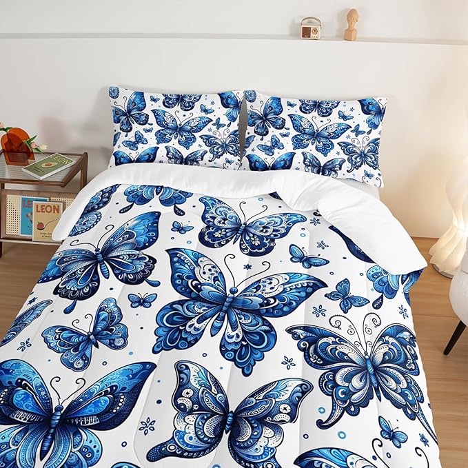 Blue Butterfly Comforter Bedding Set King Size,Bohemian Style Blue Series Bedding for Kids Girls Boys,Insect Themed Children's Bedding Soft Fluffy Comforter Sets with 2 Pillowcases.