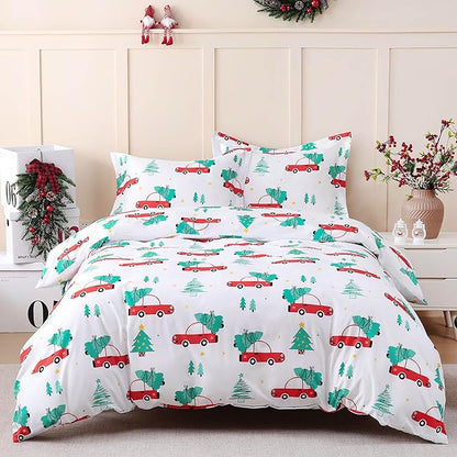 JSD Red Cars Kids Christmas Duvet Cover Set Queen Size, 3 Piece Xmas Comforter Cover with Pillow Sham Zipper Closure, Comforter Not Included
