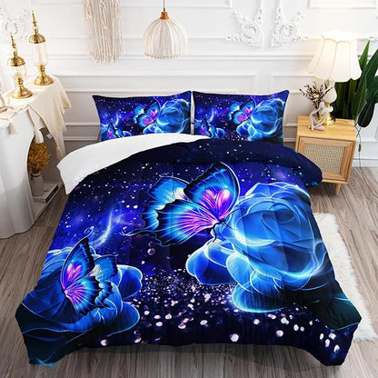 Galaxy Butterfly Comforter Set Queen Size for Girls Kids Adults Butterfly Rose Bedding Set Aesthetics Butterflies Quilt Bed Set with 1 Comforter and 2 Pillowcases