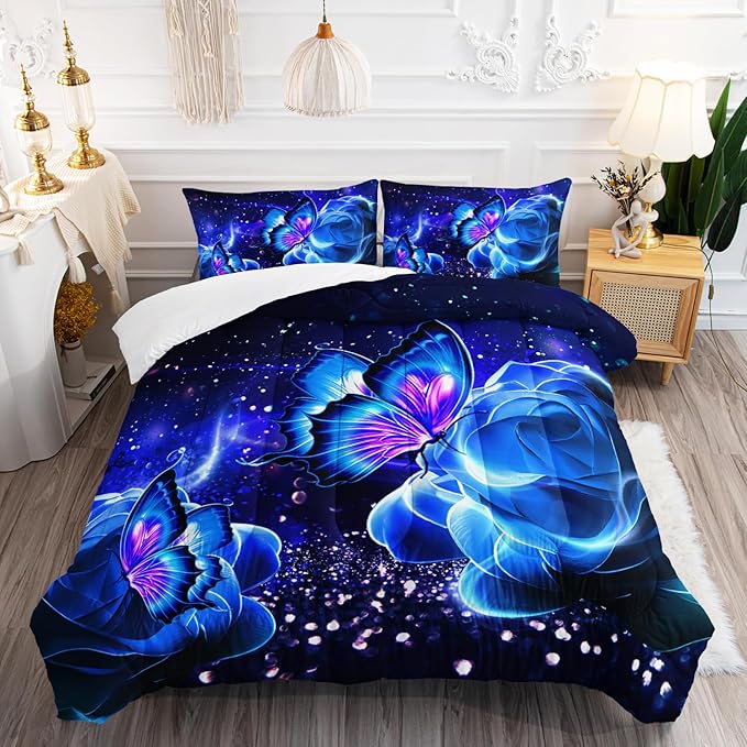 Galaxy Butterfly Comforter Set Full Size for Girls Kids Adults Butterfly Rose Bedding Set Aesthetics Butterflies Quilt Bed Set with 1 Comforter and 2 Pillowcases